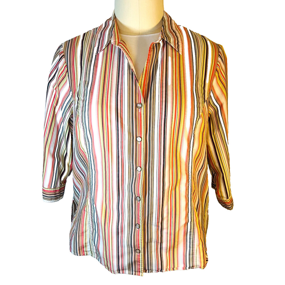 Koret Blouse Womens 2X Button Up Earthtones Vertical Stripe 3/4 Sleeve